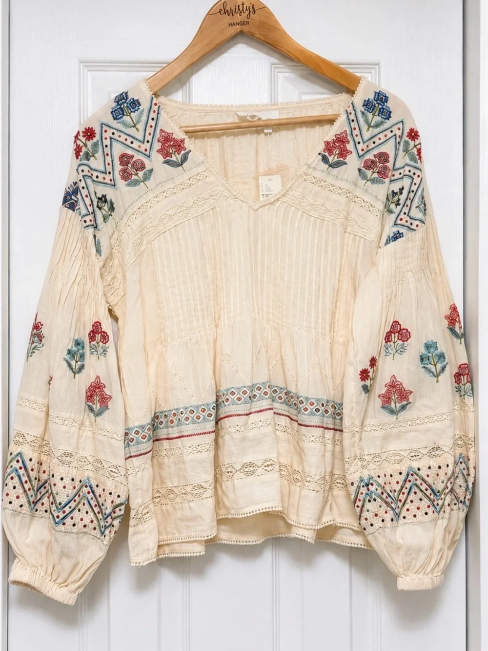 By Anthropologie Kayla Top Small Boho Peasant Lace Embroidered Puff Sleeve Shirt